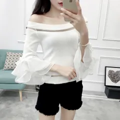 Women's Flared Sleeve Knit One-neck Off-the-shoulder Top - White - View 1