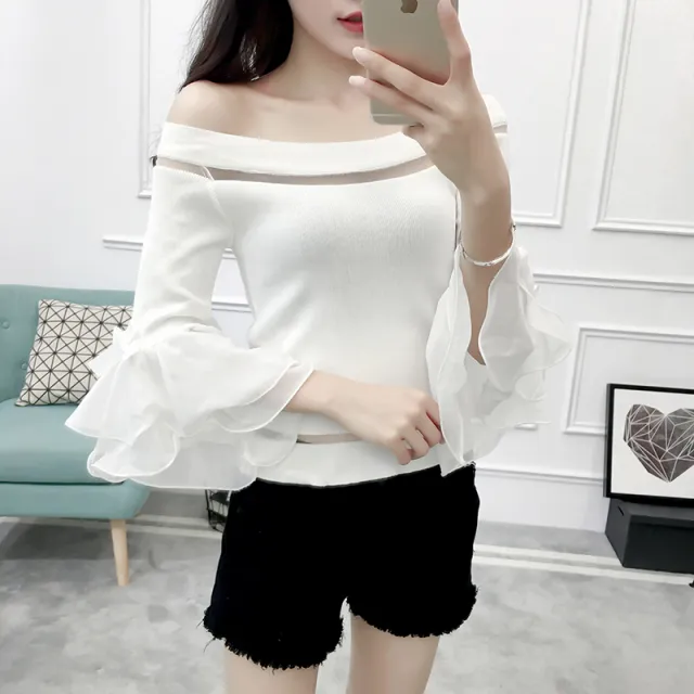 Women's Flared Sleeve Knit One neck Off the shoulder Top White - Shop at LoveMi