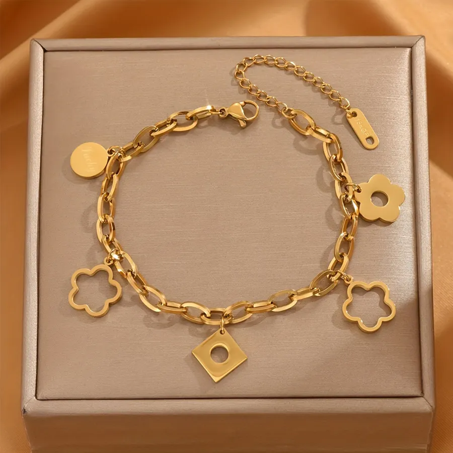 Women Multi Charm Bracelet Hollow Clover Flower