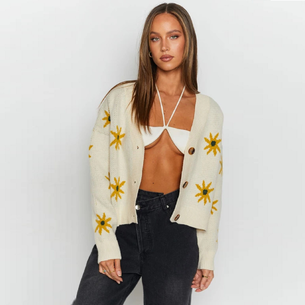 Title 3, College Wind Sunflower Knitted Jacket Loose V-n...