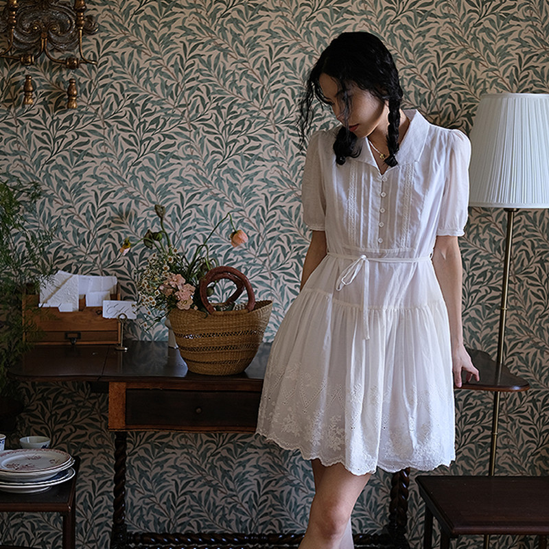 Embroidered Hem Lapel Accordion Tie White Dress — image 1