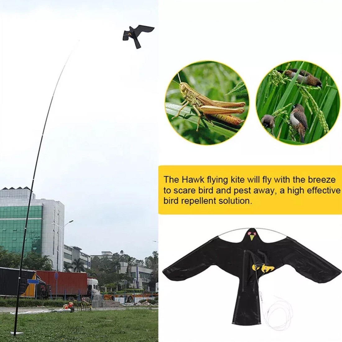 Flying Hawk Kite Garden Bird Repeller Scarer Extendable With 4m Telescopic Poles
