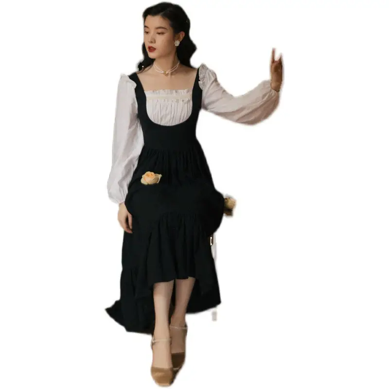 New Style Long-sleeved Wooden Ear-side Square Neck Tie Dress