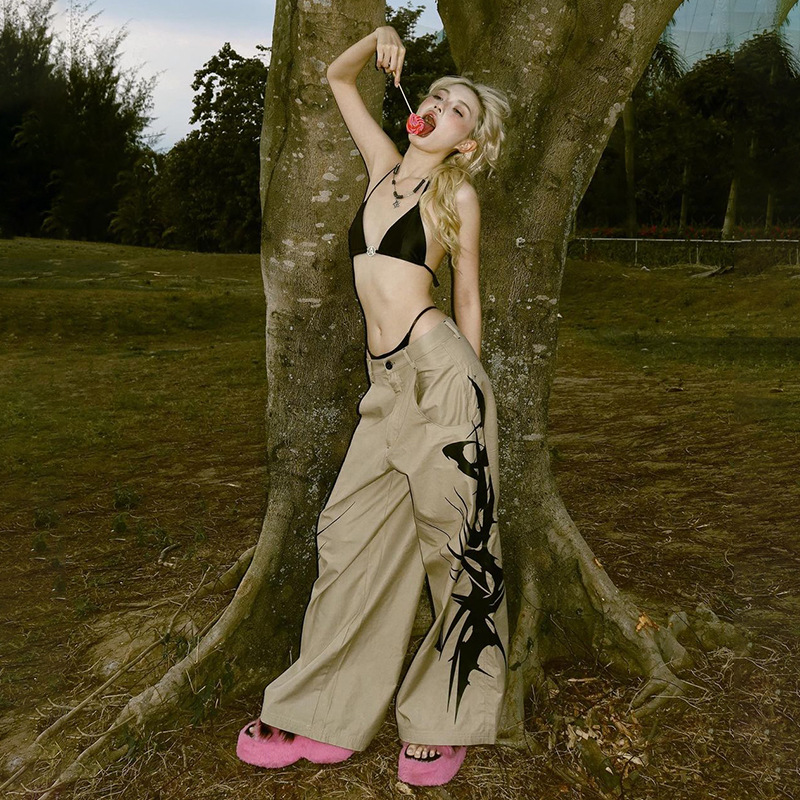 Fashion Dark Personalized Print Contrast Color Loose Low Waist Casual Woven Pants