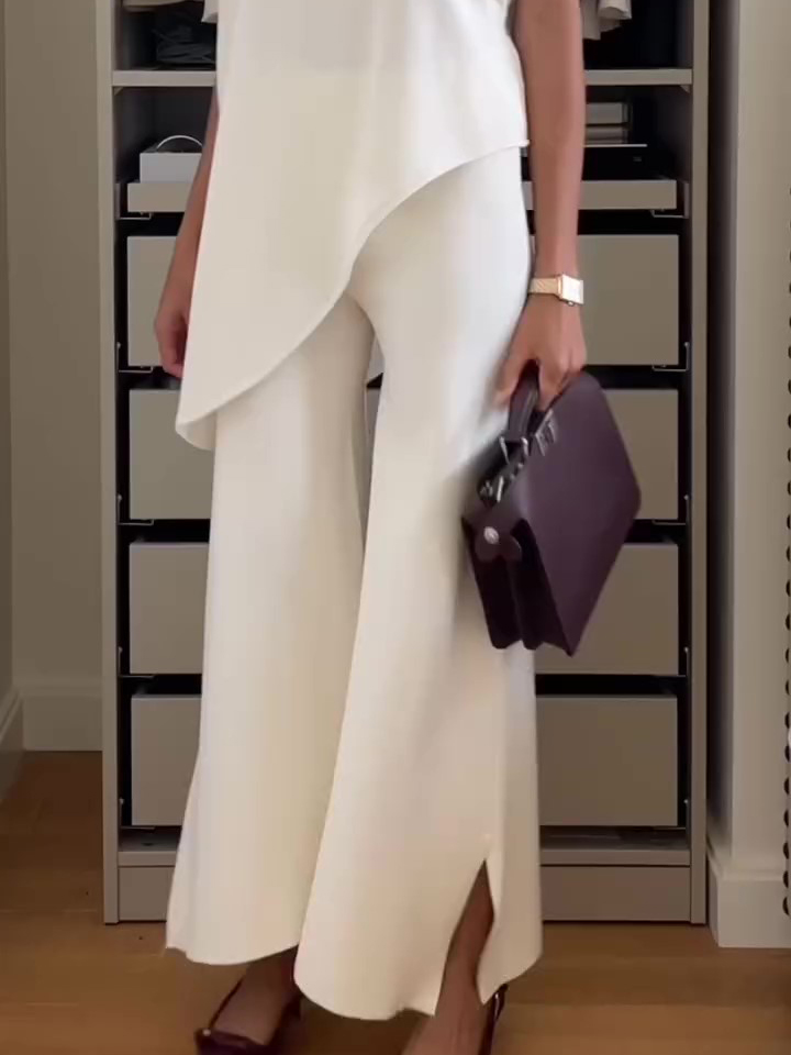 High Collar Irregular Hem Top & Slit Pants Suit