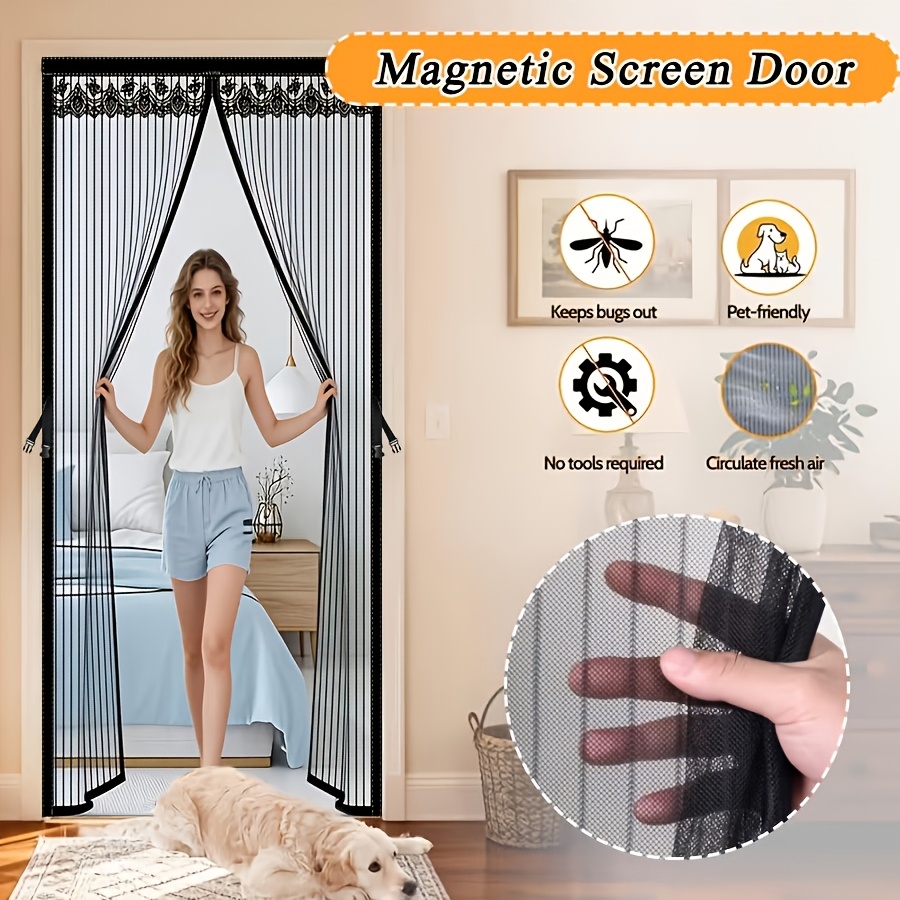 1pc Magnetic Screen Door, Mosquito And Fly Proof Door Curtain, Easy To Install, Top Lace Design & Storage, Pet Friendly, Suitable For Living Room, Bed