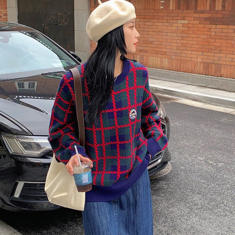 Retro Navy Blue Plaid Ladies Sweater