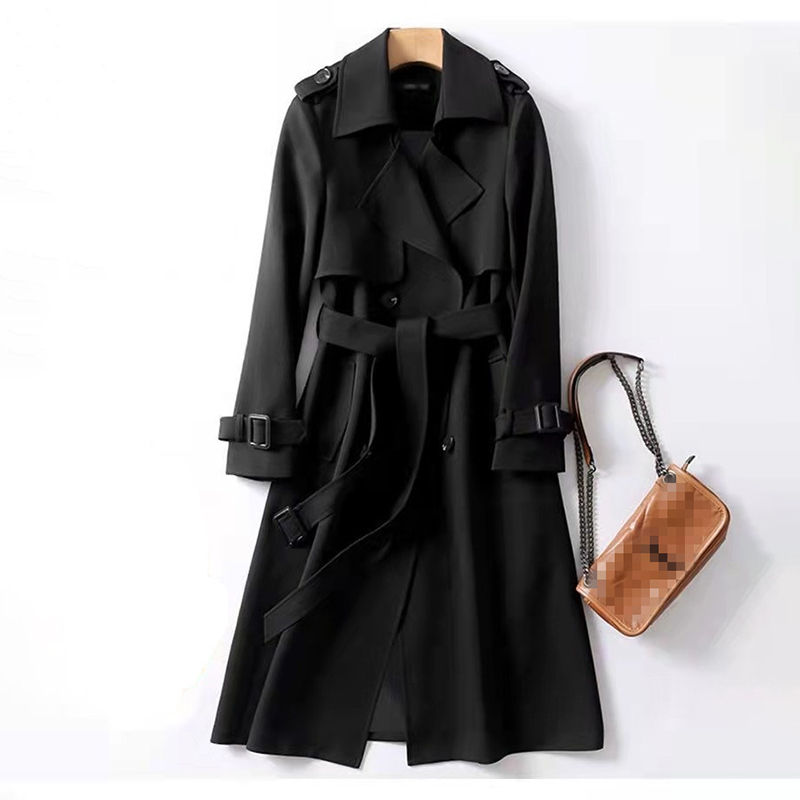 Women's Classic Trench Coat, Solid Color Long Sleeve Belted Mid Length Jacket With Button Detail For Spring And Fall Black - Shop at LoveMi