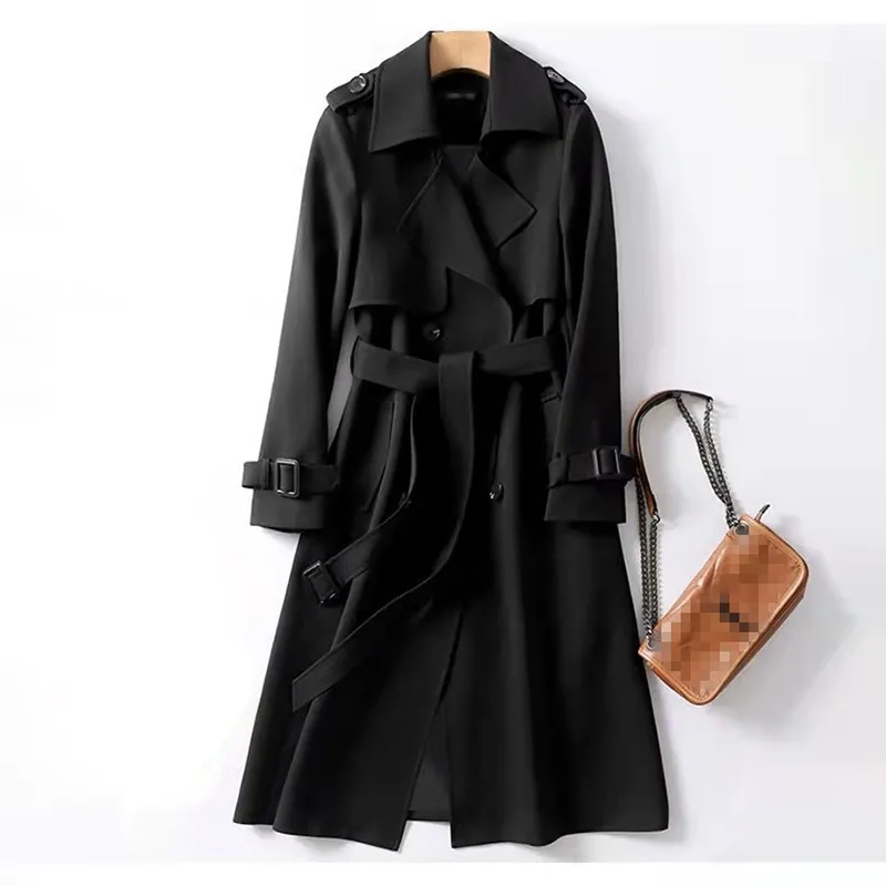 Women's Classic Trench Coat, Solid Color Long Sleeve Belted Mid-Length Jacket With Button Detail For Spring And Fall - Black