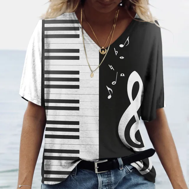 Women's Printed T Shirt V Neck Oversized Pullover K01Yx00405 L - Shop at LoveMi