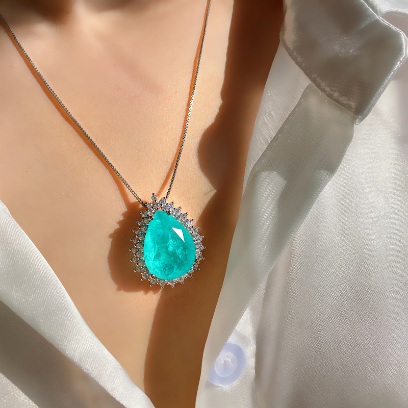 Light Luxury Water Drop Pendant Necklace For Women, Paraiba Tone Simulated Zirconia Clavicle Chain Full Pave Rhinestone Thin Chain Fashion Neck Jewelry