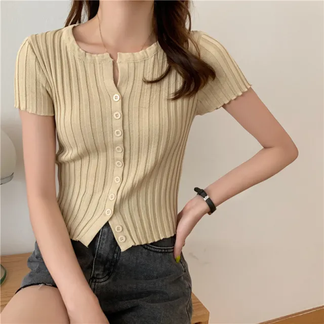 Summer New Style High Waist Cropped Short Slim Top Short Sleeve Knitted Cardigan Apricot - Shop at LoveMi