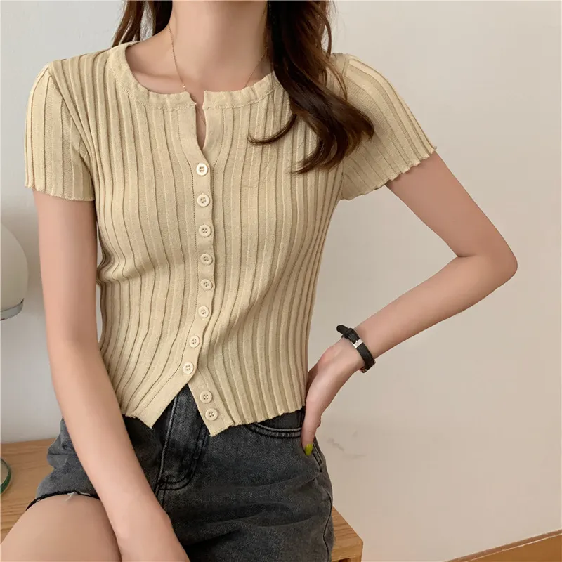 Summer New Style High Waist Cropped Short Slim Top Short Sleeve Knitted Cardigan - Apricot