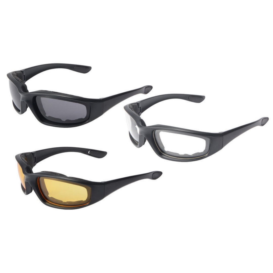 3 Pair Motorcycle Sports Biker Riding Glasses Padded Wind Resistant Sunglasses