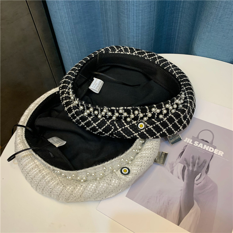 Pearl Plaid Beret Female Literary All-match Octagonal