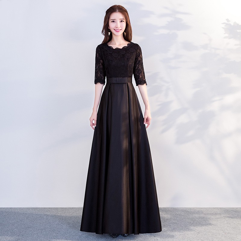 The End Elegant Long Sleeve Thin Company Annual Meeting Black Dress Dress Long Section Round Neck Black Long - Shop at LoveMi