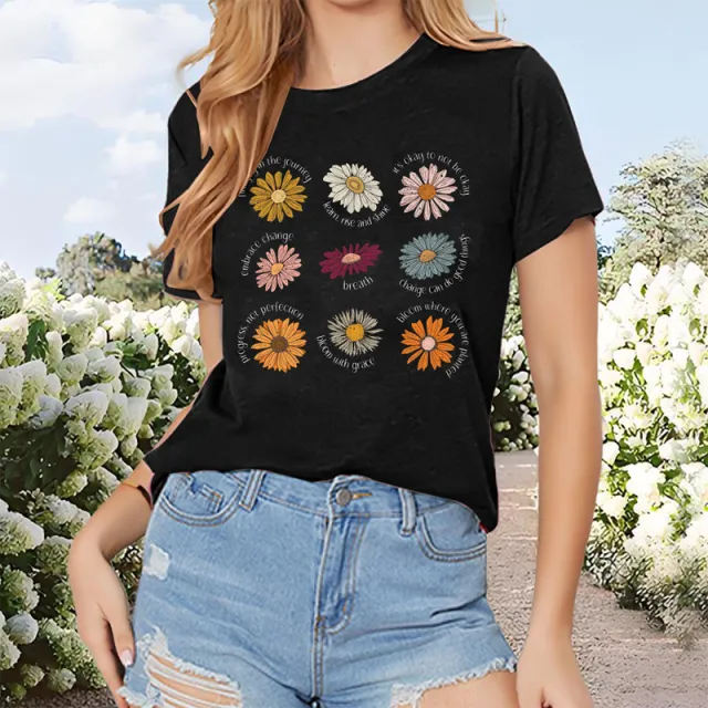 Women's Floral Botanical Print T Shirt Casual Crew Neck Short Sleeve Tee, Breathable Summer Top Black - Shop at LoveMi