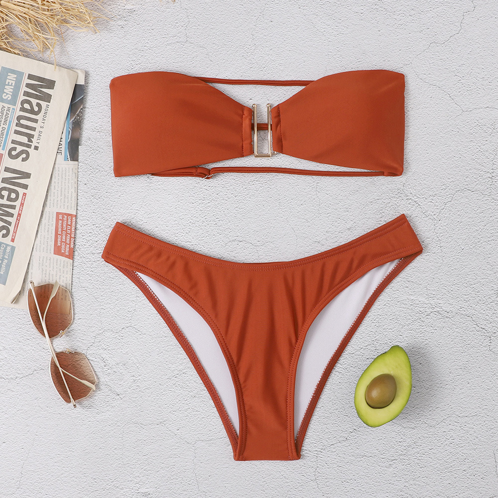 U-shaped Decorative Split Backless Strapless Women’s Bikini Swimsuit
