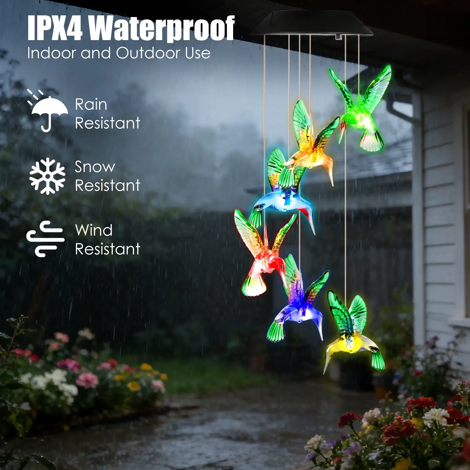 2Pcs Solar Hummingbird Wind Chime 7 Color Changing Wind Chime For Outside IPX4 Waterproof Outdoor Garden Yard Decor