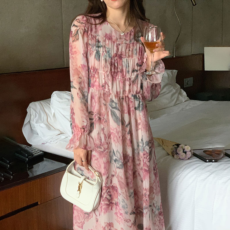 Retro Romantic Round Neck Contrasting Color Oil Painting Ladies Dress