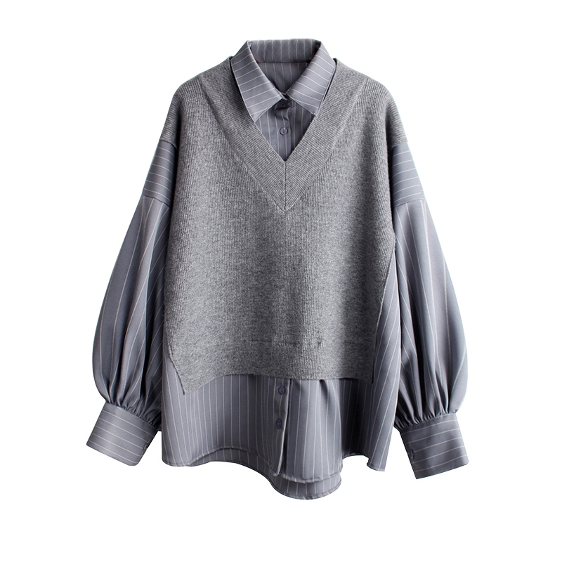 Women's Mid-length Loose Striped Fake Two-piece Shirt