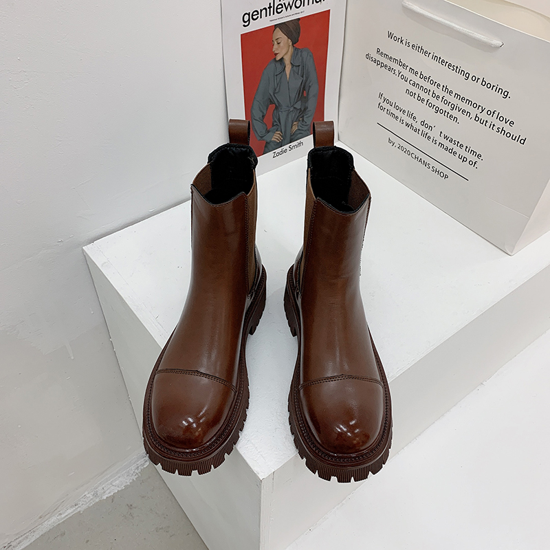 British Style Plus Velvet  Platform Boots Retro Brown Skinny Boots Winter