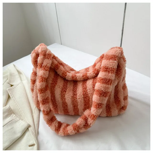 Large capacity Striped Plush Bag Winter New Fashion Portable Tote Shoulder Bags Shopping Furry Handbags For Women Orange - Shop at LoveMi