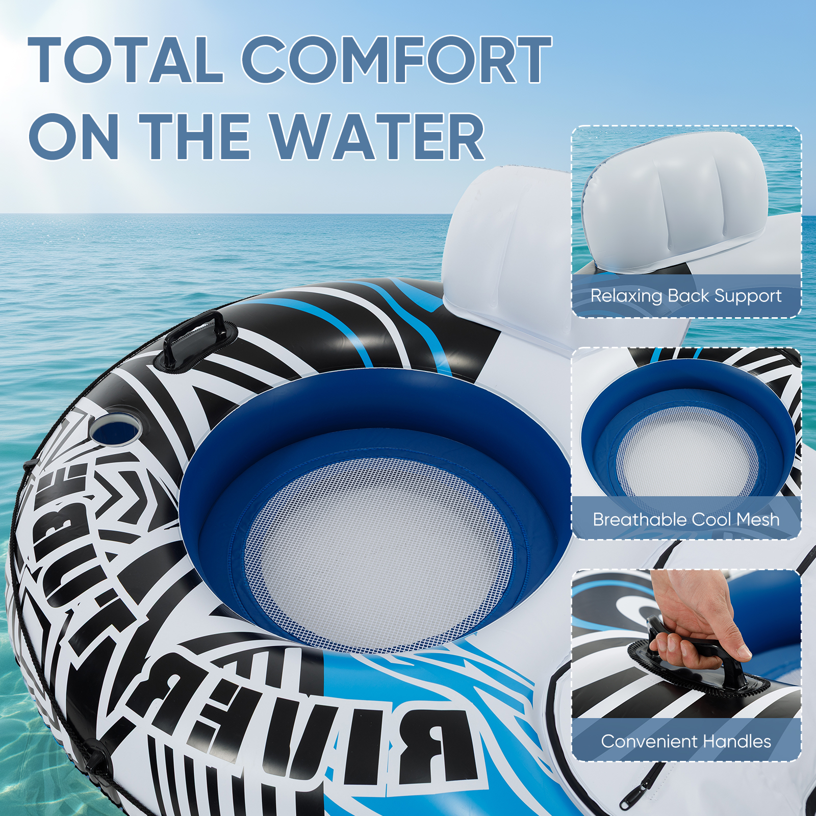 2 Inflatable River Floaters, Equipped With Detachable Refrigerators And Two Cup Holders, Featuring A Supportive Backrest, And With GRAP Ropes