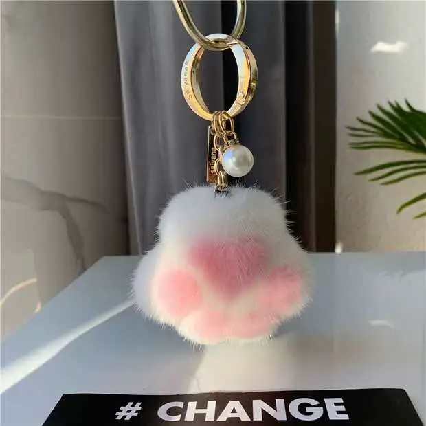 Cat's Claw Fur Ornaments Real Plush Bag Pendant Car Key Chain Ornaments Accessories Pinka - Shop at LoveMi
