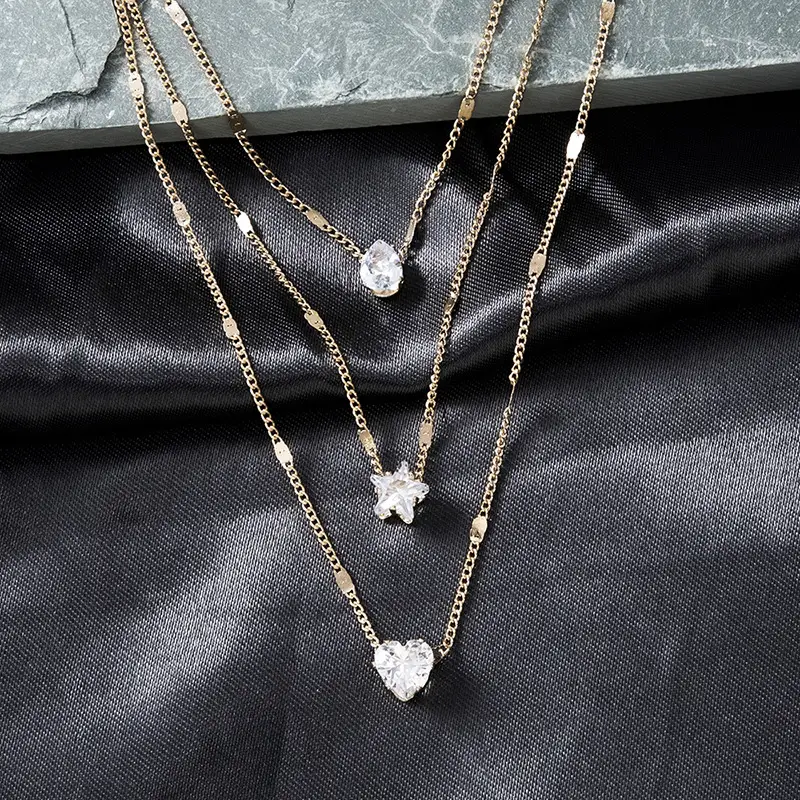 Fashion Simple Multi-layer Five-pointed Star Heart Water Drops Pendant Vintage Necklace Clavicle Chain