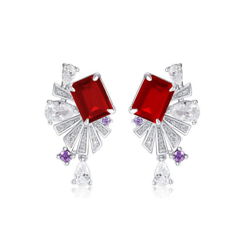 S925 Sterling Silver Art Deco Fan Drop Earrings, 8x6mm Lab-Grown Ruby Emerald Paraiba & Blue Diamond, Platinum Plated 5g Women's Fine Jewelry Gift Box