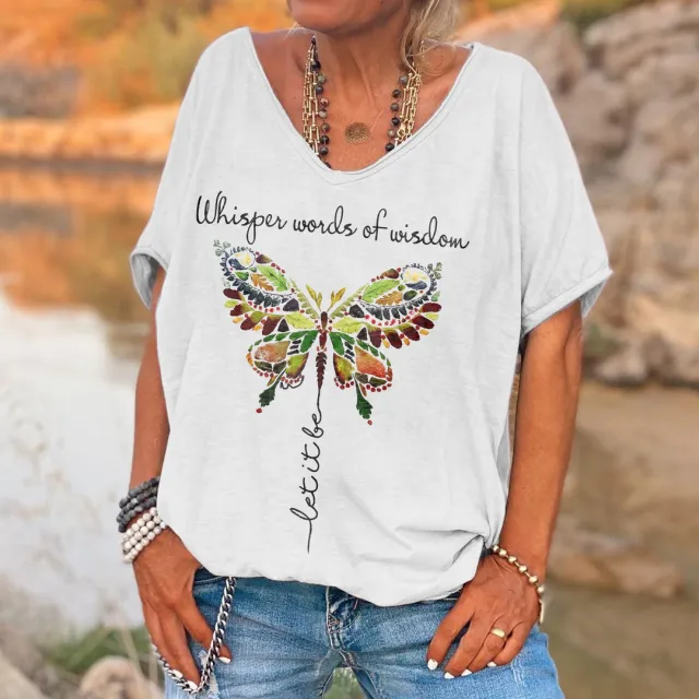 Ladies English Butterfly Print T Shirt Loose White - Shop at LoveMi
