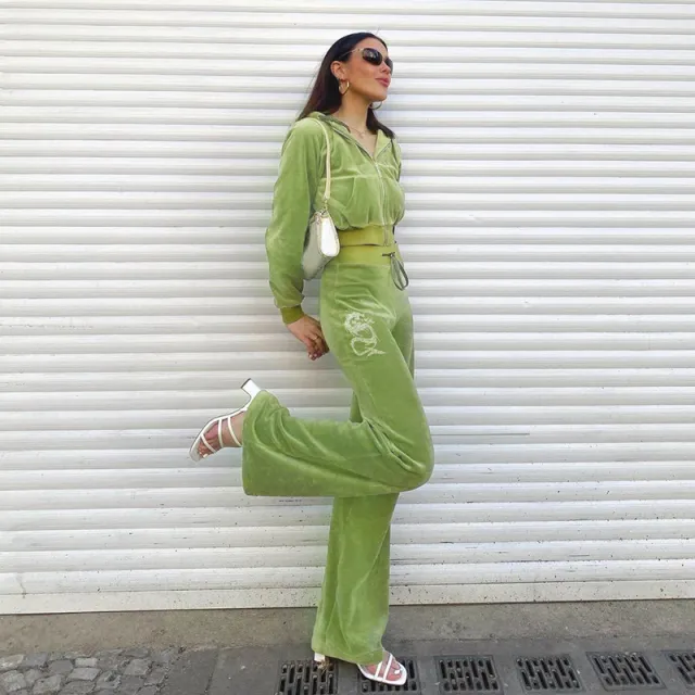 Sporty Green Velvet Sweatshirt And Drilled Velvet Pants Green Suit - Shop at LoveMi