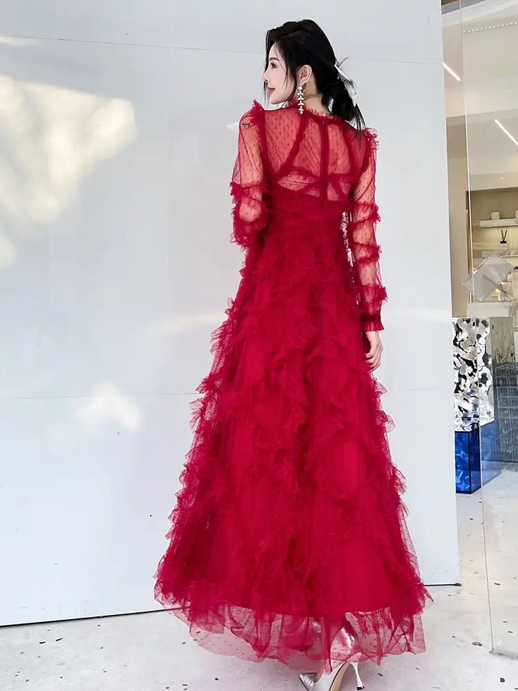 Ladies Bride New Ladies French Long-sleeved Red Dress