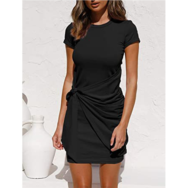 Short-sleeved Round Neck Pleated Skirt With Irregular Bow Belt