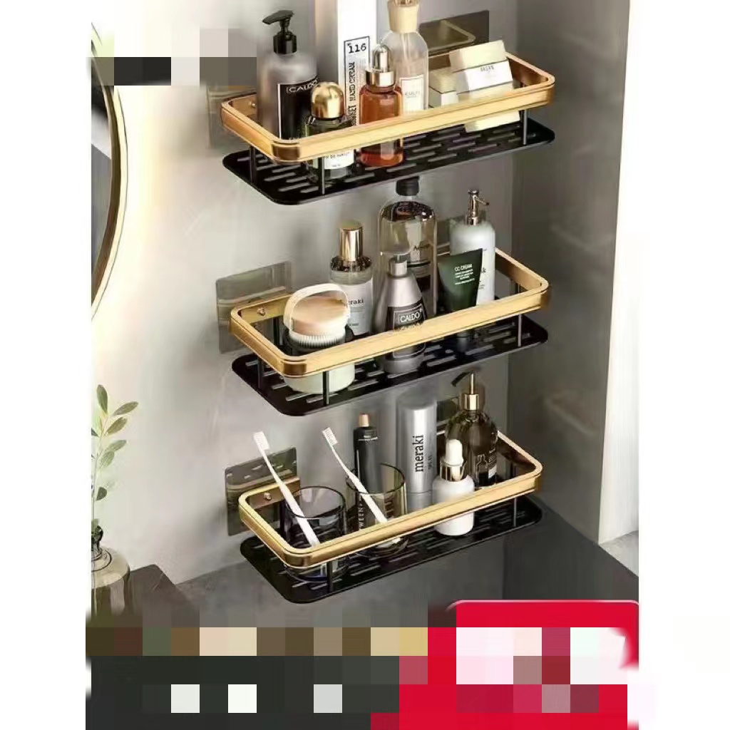 Bathroom Perforated Triangle Suction Cup Tripod Black Gold Rectangular Shelving