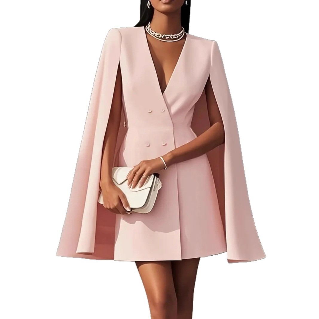 European And American Amazon Cross-border Autumn Commuting Double-breasted Cape Coat Pure Color Suit Dress For Women, Available In 5 Colors