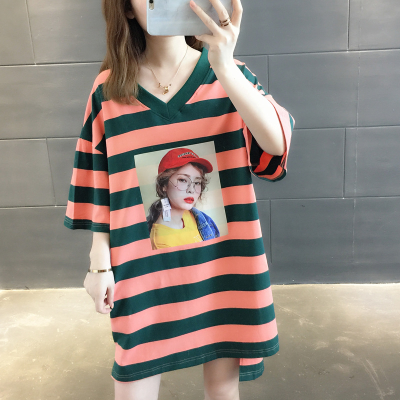 Title 2, Mid-length Rainbow Striped T-shirt Dress For Women