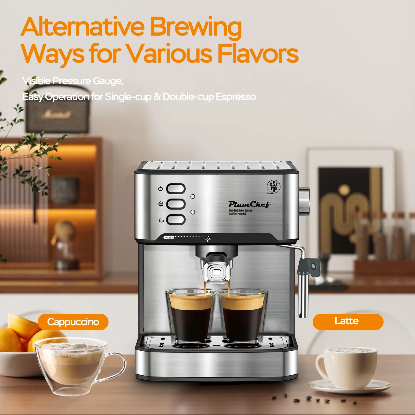 20 Bar Espresso Machine With Milk Frother, Single & Double Shot, ESE Pod Compatible, Visual Display Of Pressure, Removable Water Tank, Cappuccino, Latte, Machia
