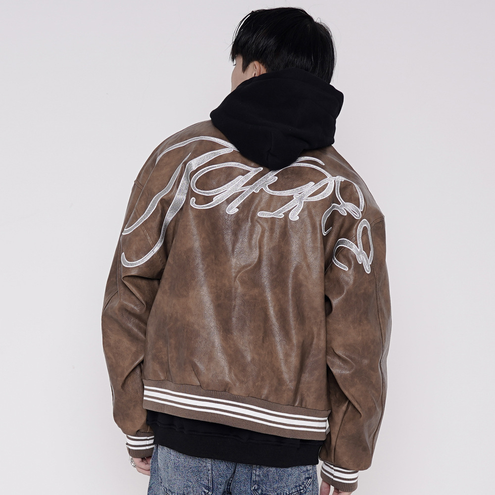 Letter Embroidered PU Leather Jacket Men's Top
