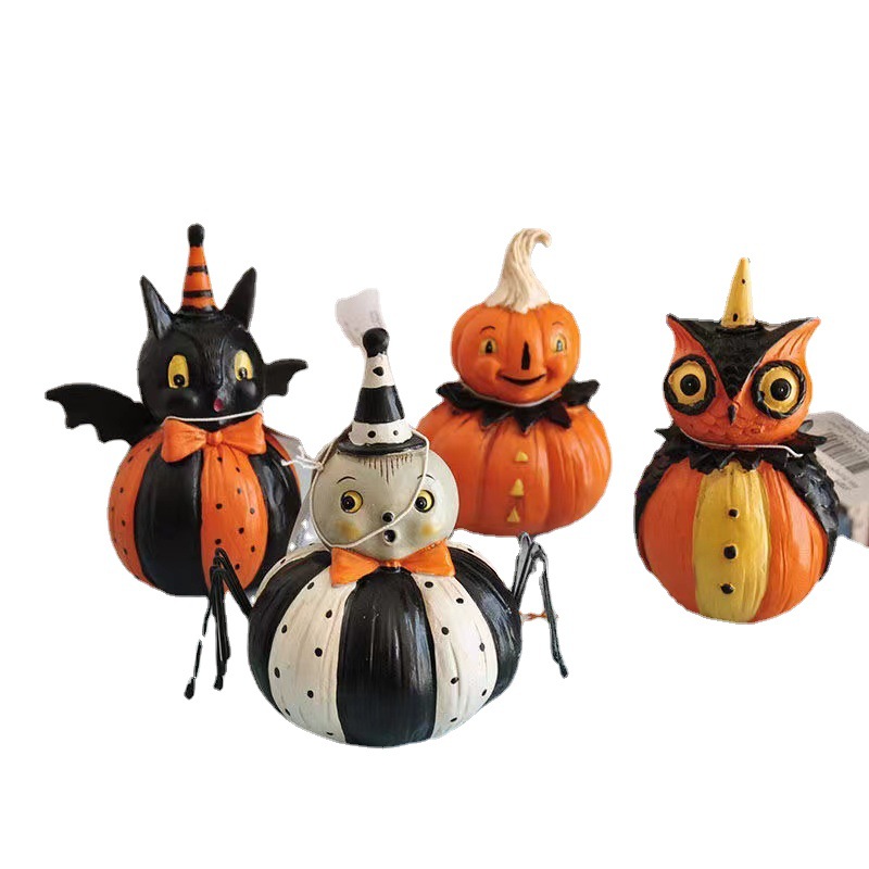Retro Painted Black Cat Pumpkin Imp Ornament (Set without