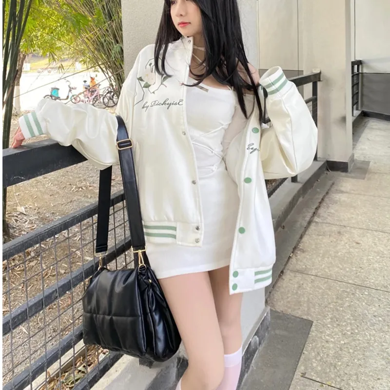 Baseball Uniform Women's Trendy Embroidery Craft Jacket Top - White