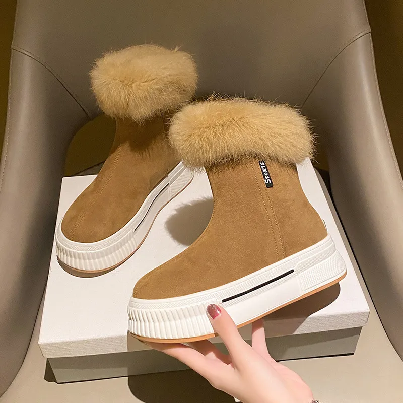 Short Boots Winter British Style Plush Warm Flat Bottomed Leisure - Khaki