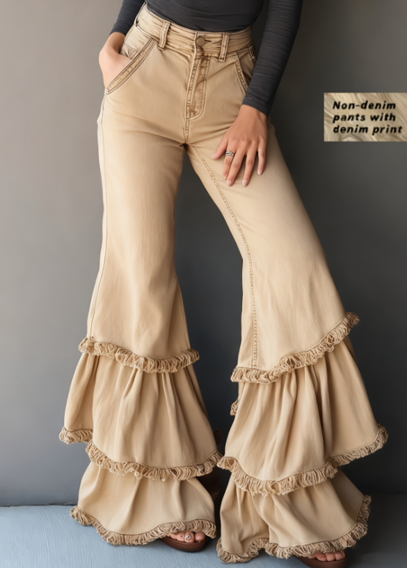 Denim-like Printed Multi-layer Ruffled Flared Pants