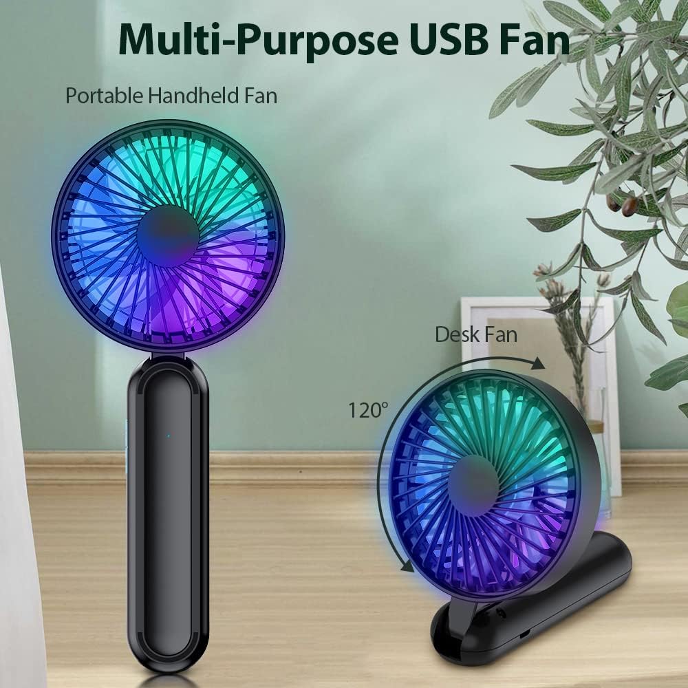 Portable Handheld Fan with RGB Color Light. Quick cool down with 7 pcs fan blades and strong power for maximum air flow. Ideal for outdoor use during high temperatures. High-quality LED night light with 2 brightness settings. USB rechargeable with the opt