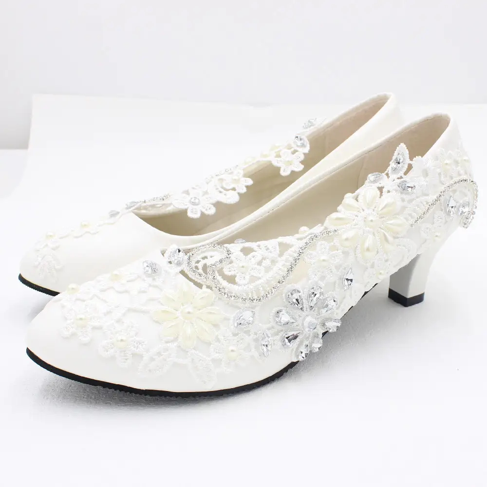 Lace Rhinestone Bridal Wedding Pumps with Floral Embellishments