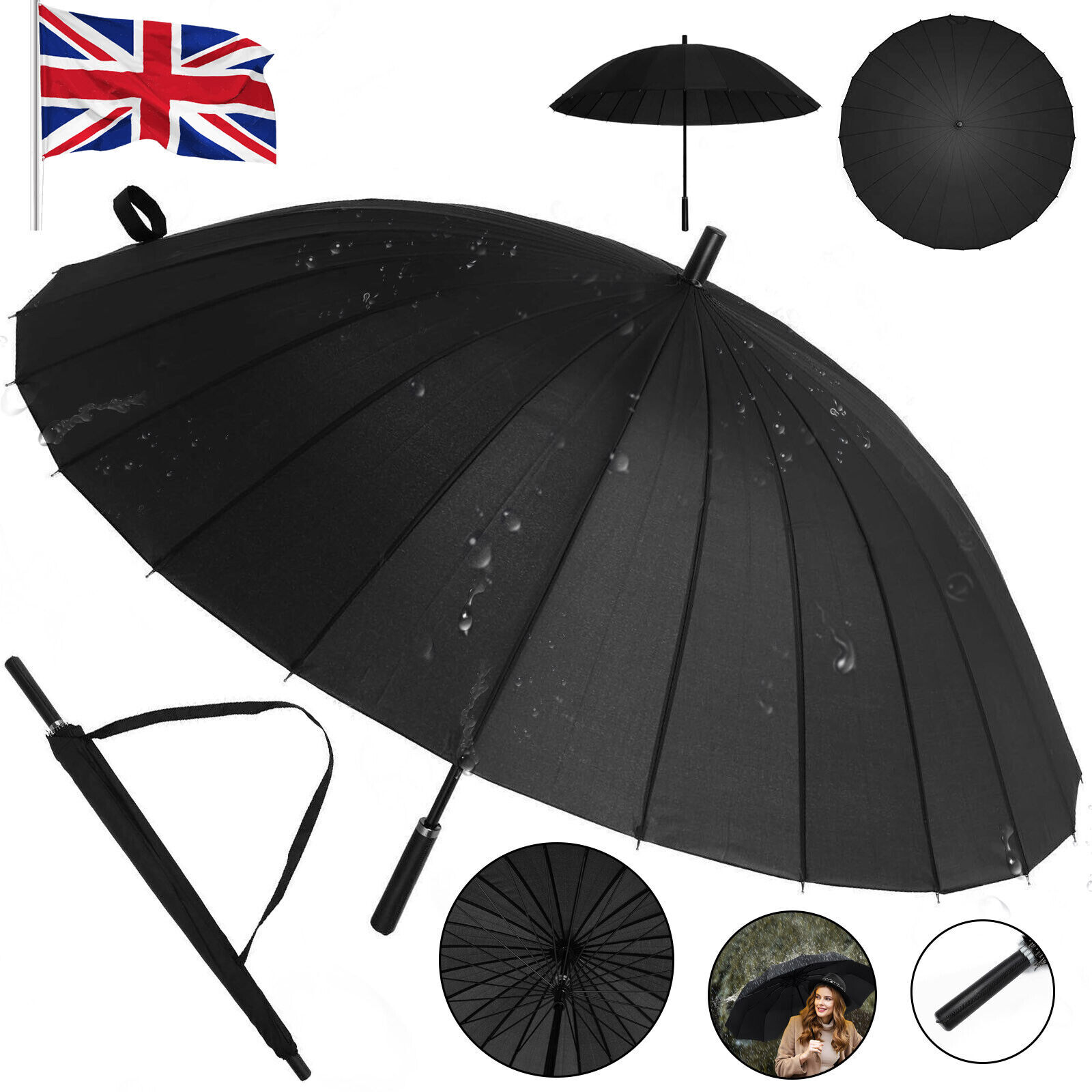 24 Ribs Umbrella Classic Large Umbrellas Strong Windproof Stormproof Black V