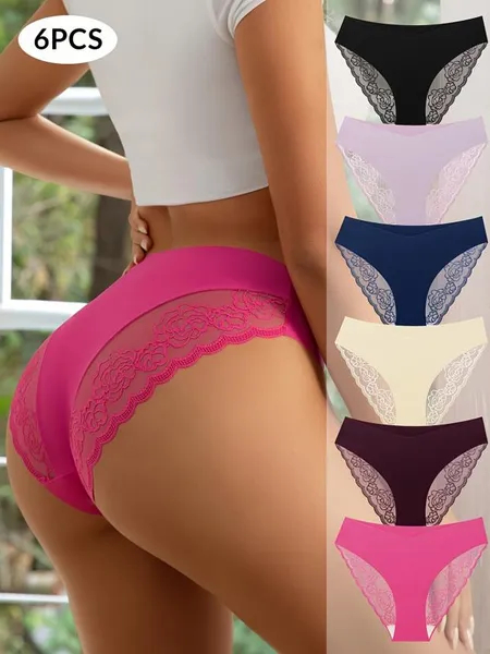 6 Packs Multi-Color Sexy Lace Triangle Panties Low Elastic Waist Fashion Women'S Hip Lifting Underwear Patchwork Lace image 2