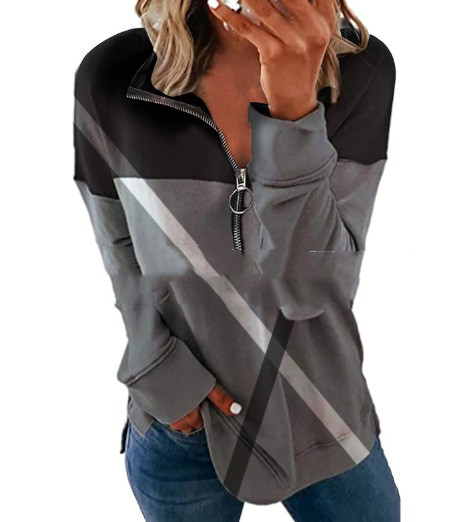 Trendy Zipper Long Sleeve Printed Loose V-neck Ladies