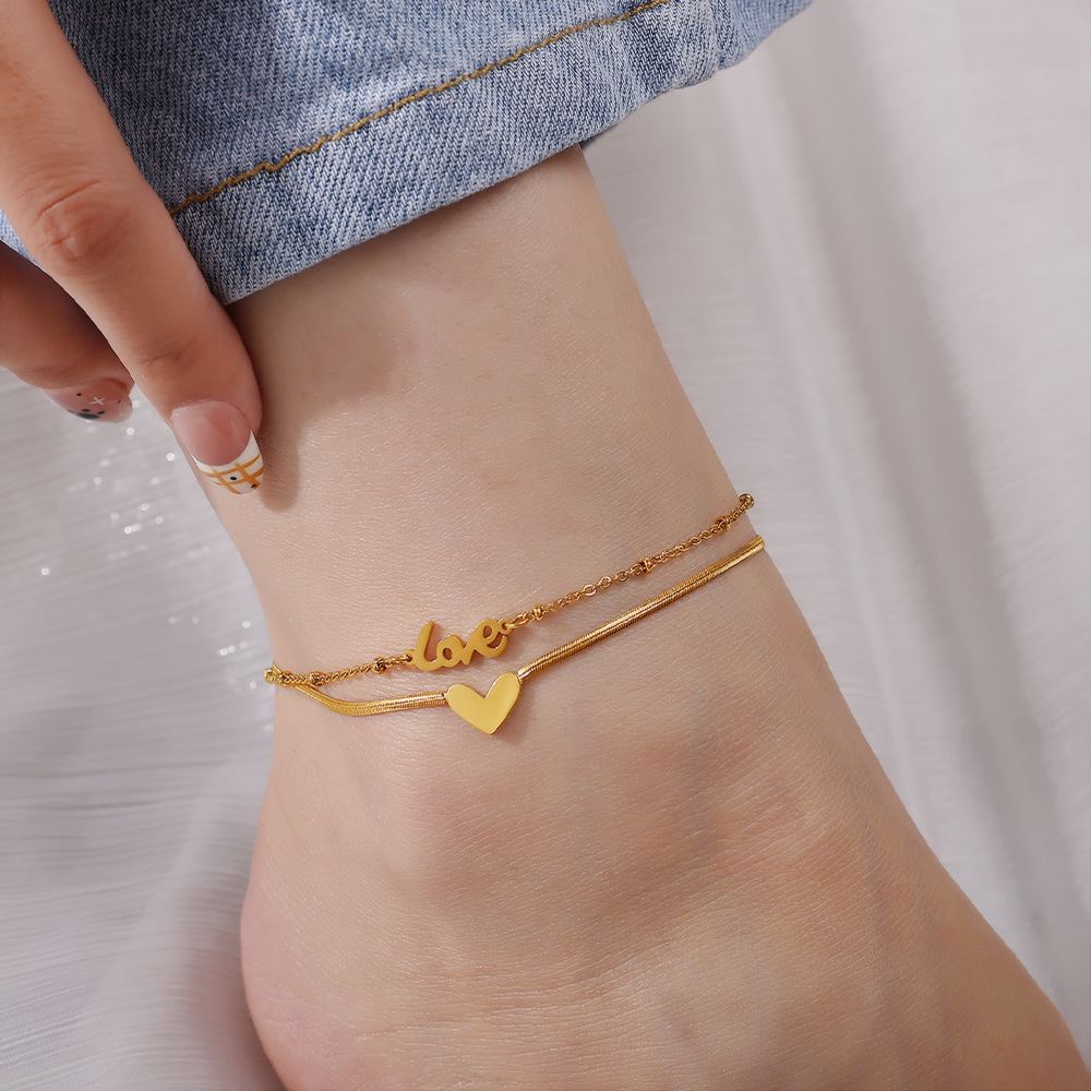 New European & American Fashion Double Layer Heart Love Pendant Anklet For Women, INS Minimalist Style, Trendy Anklet — foto 5